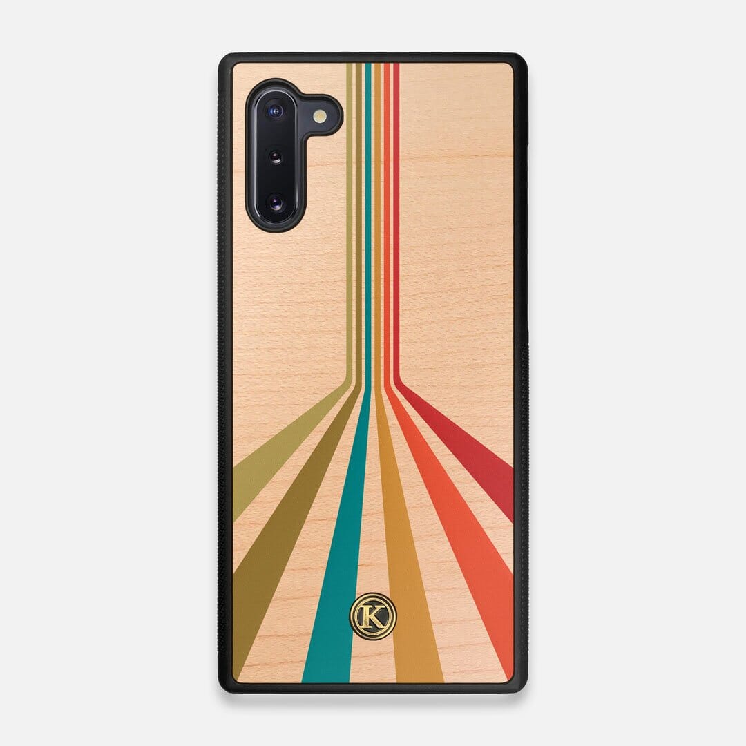 Front view of the array of colour beams splitting across the case printed on Maple wood Galaxy Note 10 Case by Keyway Designs