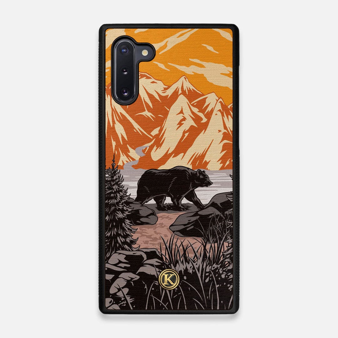 Front view of the stylized Kodiak bear in the mountains print on Wenge wood Galaxy Note 10 Case by Keyway Designs
