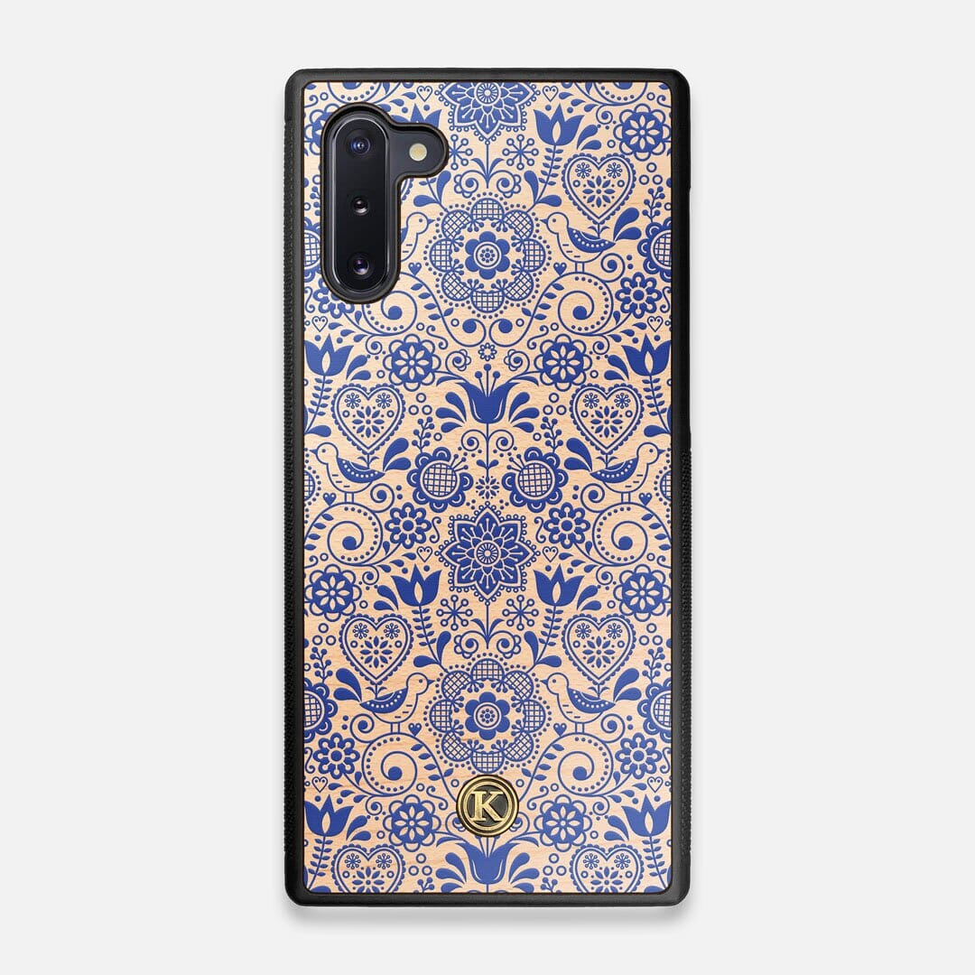 Front view of the blue floral pattern on maple wood Galaxy Note 10 Case by Keyway Designs