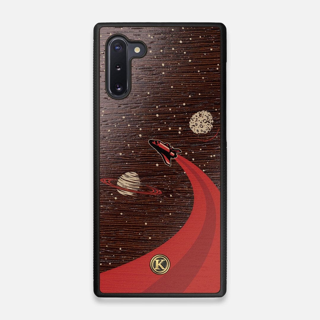 Front view of the stylized space shuttle boosting to saturn printed on Wenge wood Galaxy Note 10 Case by Keyway Designs
