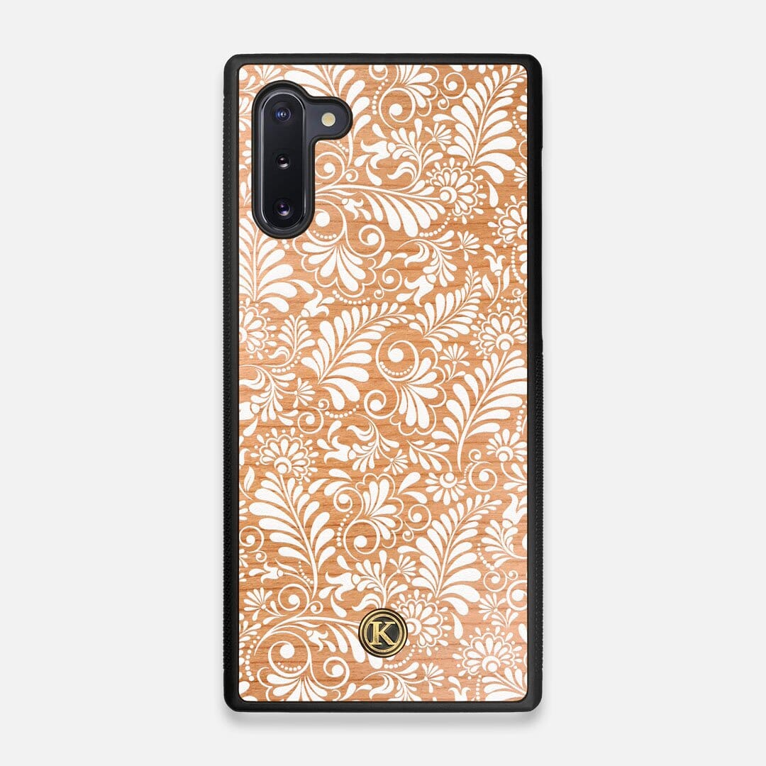 Front view of the white ink flowing botanical print on Cherry wood Galaxy Note 10 Case by Keyway Designs