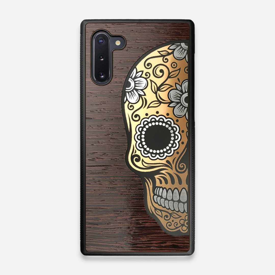 Front view of the Calavera Wood Sugar Skull Wood Galaxy Note 10 Case by Keyway Designs