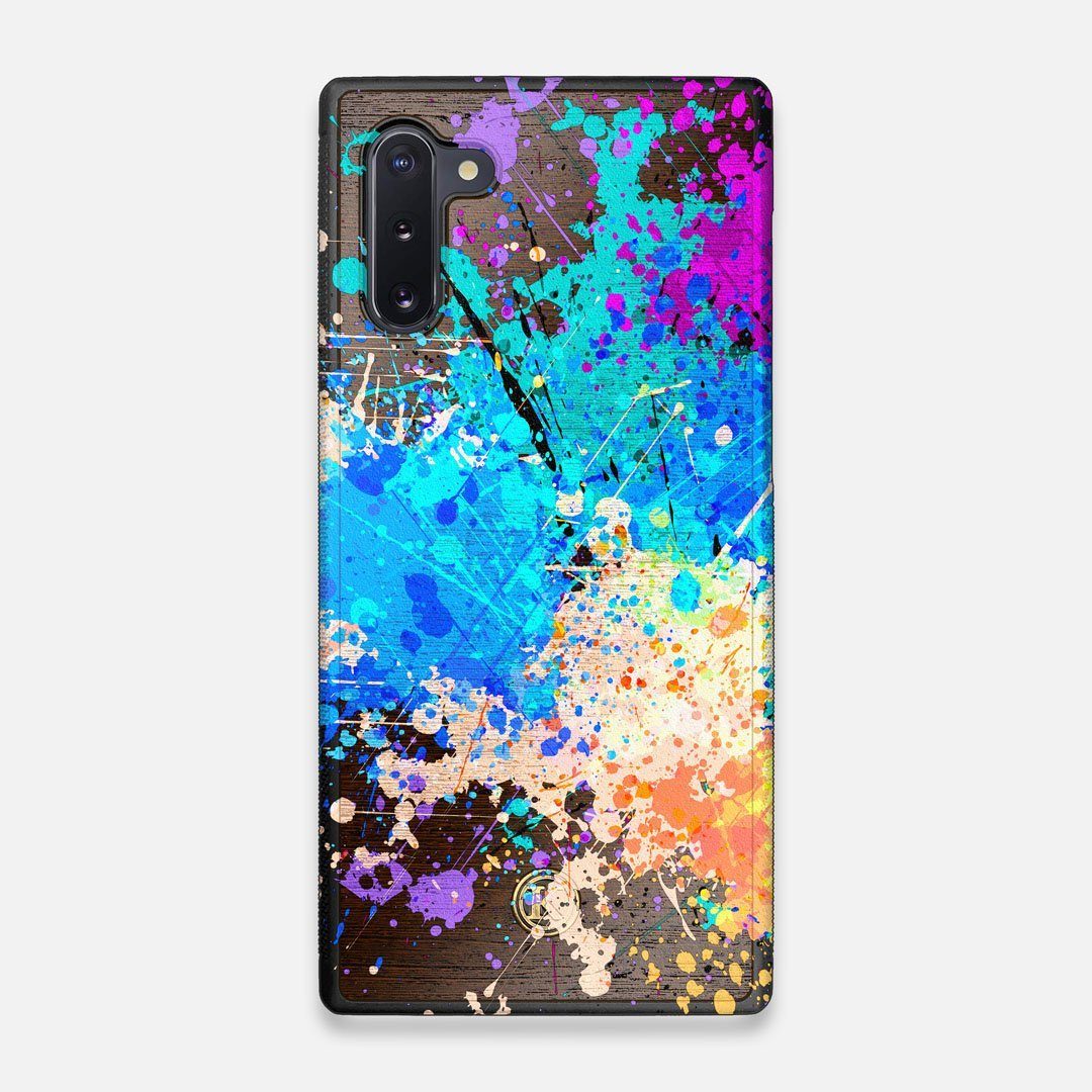 Front view of the realistic paint splatter 'Chroma' printed Wenge Wood Galaxy Note 10 Case by Keyway Designs
