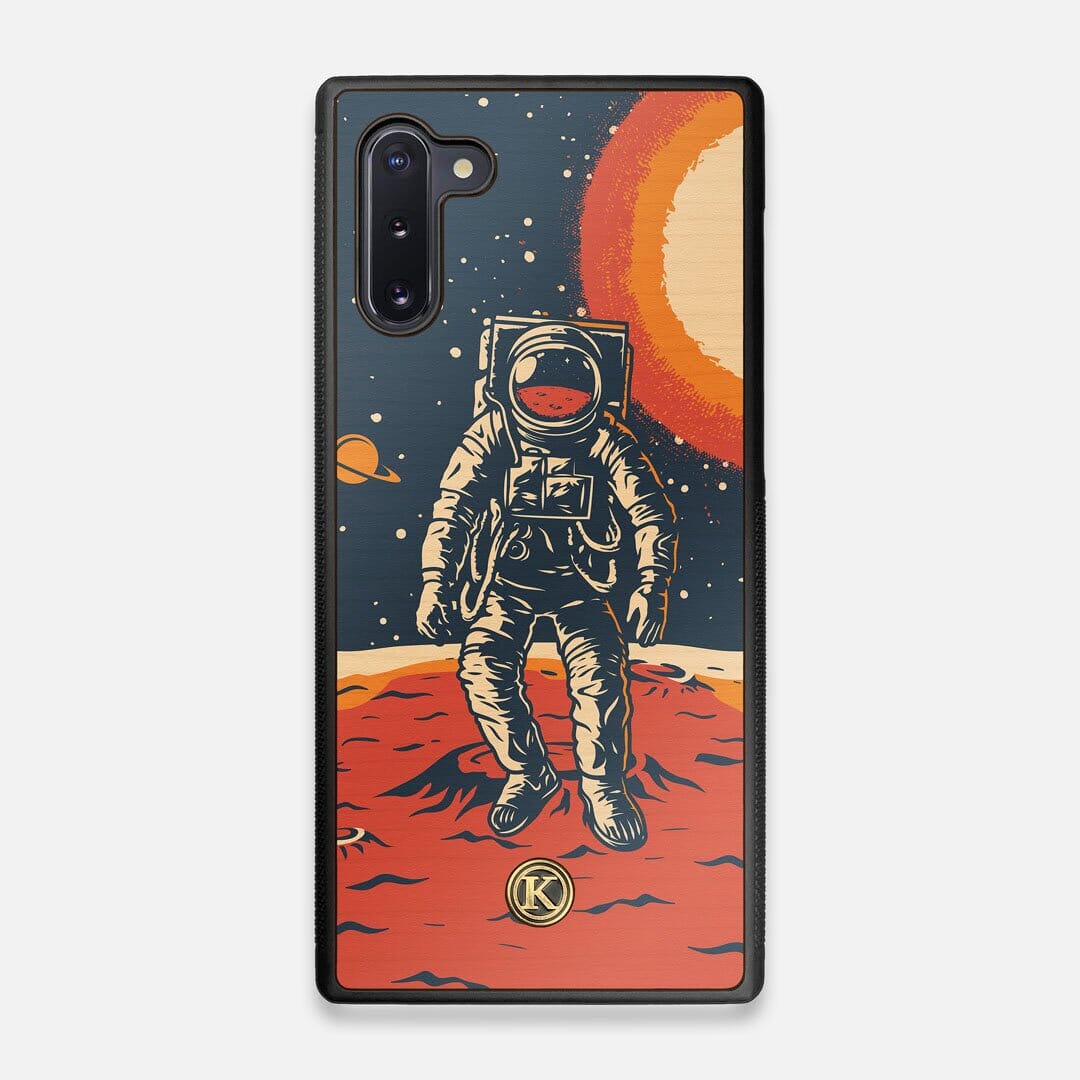 Front view of the stylized astronaut space-walk print on Cherry wood Galaxy Note 10 Case by Keyway Designs