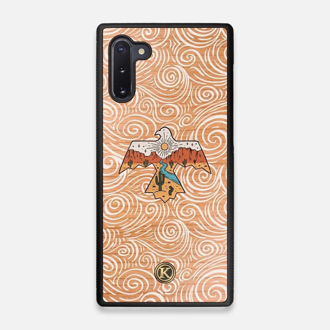 Front view of the double-exposure style eagle over flowing gusts of wind printed on Cherry wood Galaxy Note 10 Case by Keyway Designs