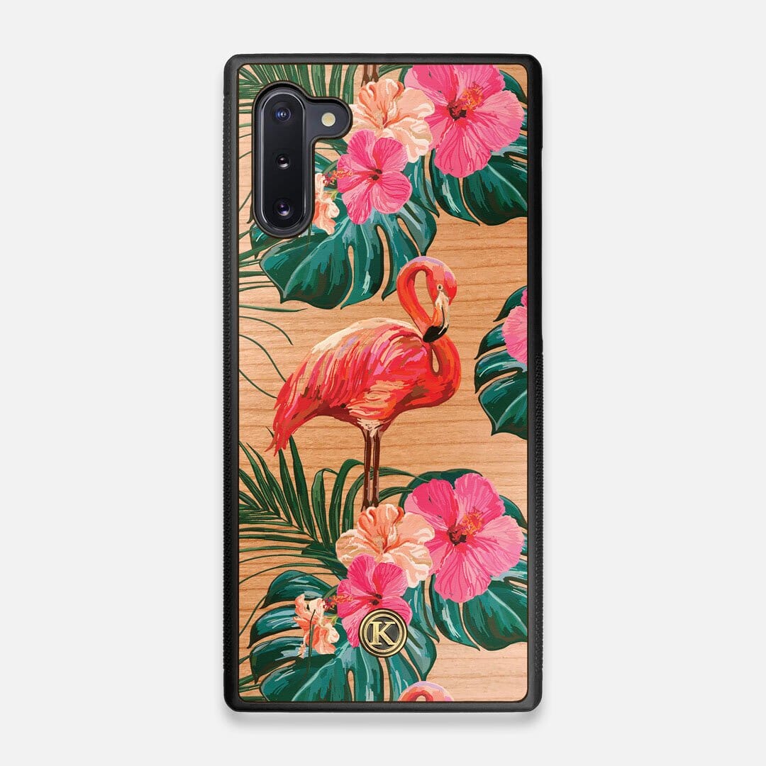 Front view of the Flamingo & Floral printed Cherry Wood Galaxy Note 10 Case by Keyway Designs