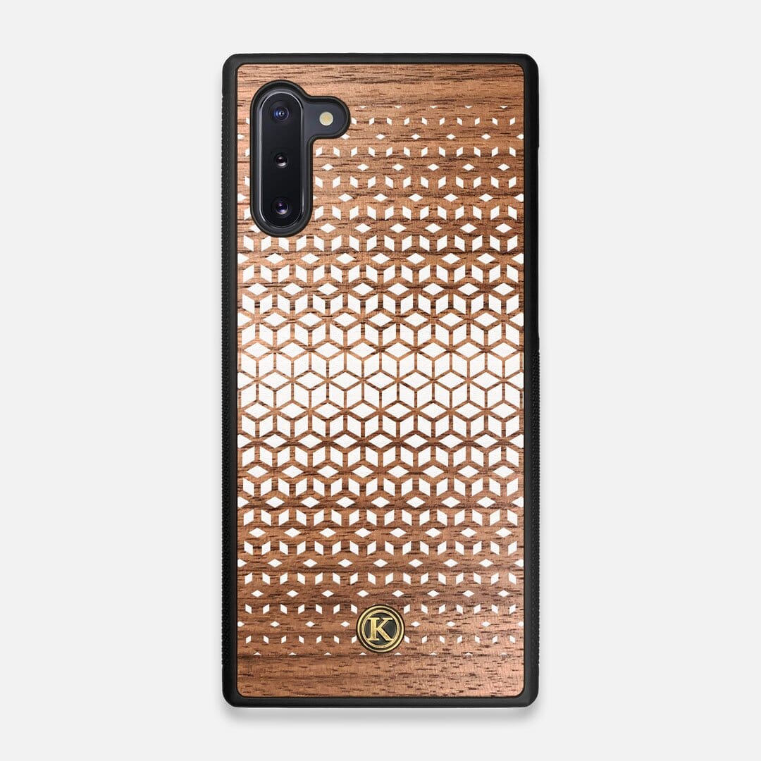 Front view of the white ink geometric gradient printed on Walnut wood Galaxy Note 10 Case by Keyway Designs