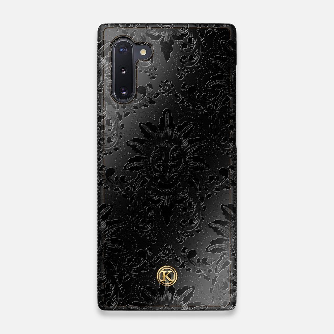 Front view of the detailed gloss Damask pattern printed on matte black impact acrylic Galaxy Note 10 Case by Keyway Designs