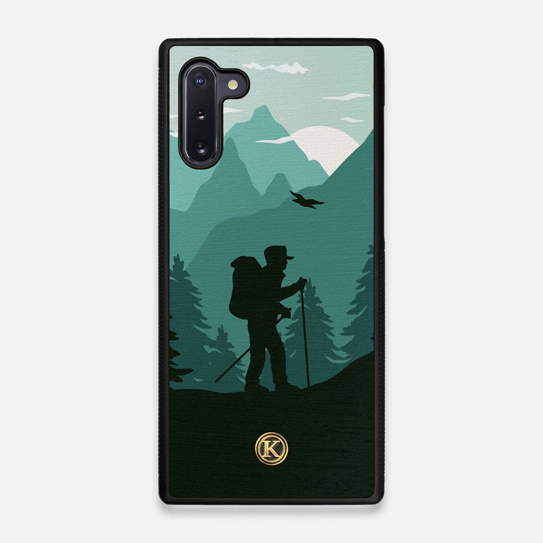 Front view of the stylized mountain hiker print on Wenge wood Galaxy Note 10 Case by Keyway Designs