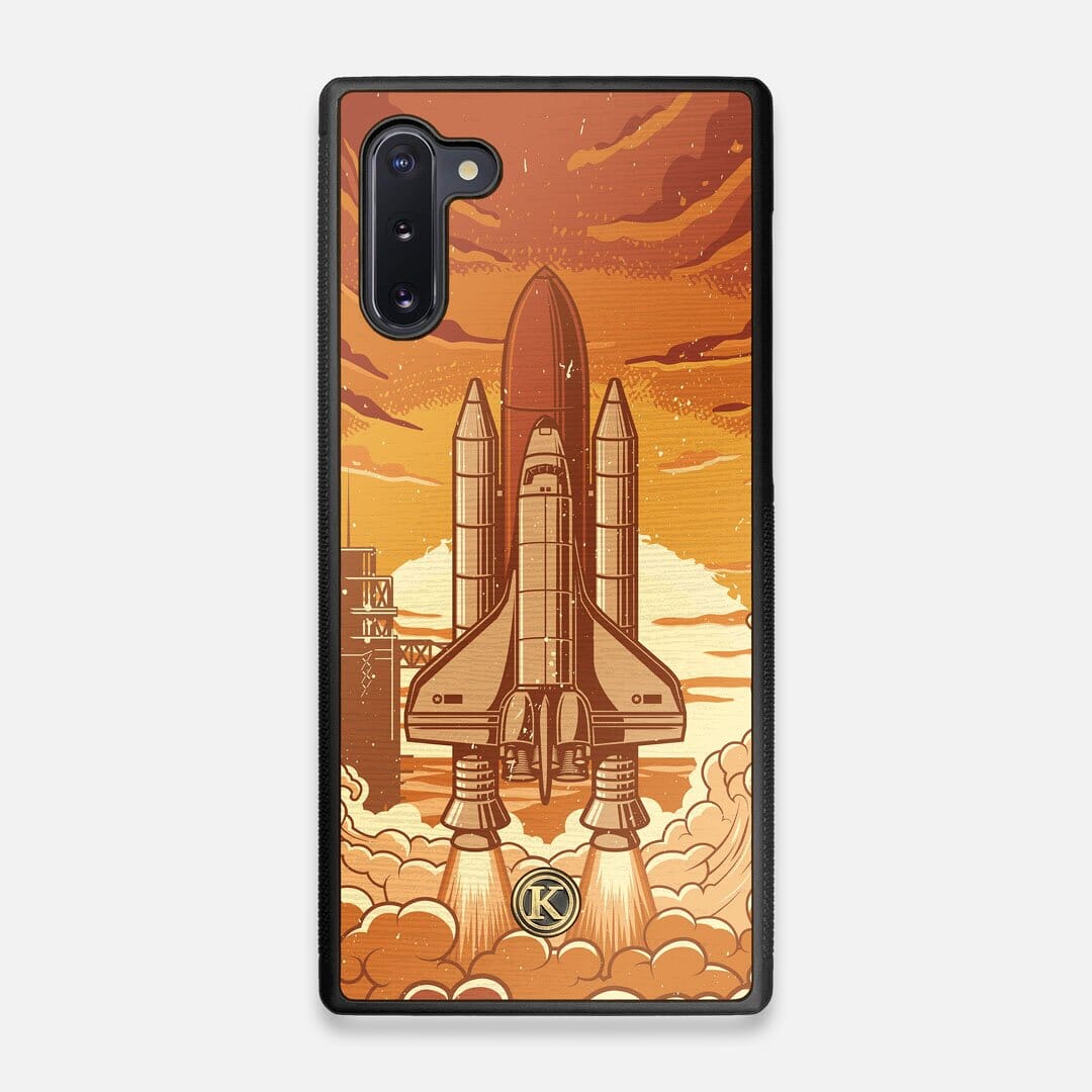 Front view of the vibrant stylized space shuttle launch print on Wenge wood Galaxy Note 10 Case by Keyway Designs