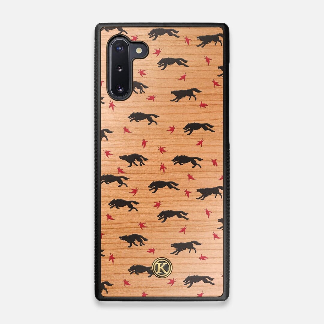 Front view of the unique pattern of wolves and Maple leaves printed on Cherry wood Galaxy Note 10 Case by Keyway Designs