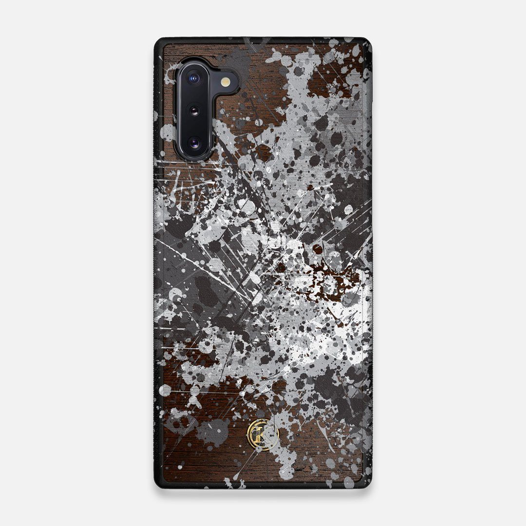 Front view of the aggressive, monochromatic splatter pattern overprintedprinted Wenge Wood Galaxy Note 10 Case by Keyway Designs