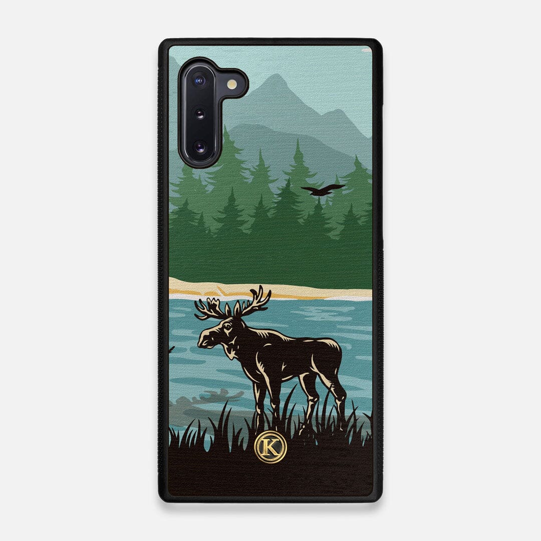 Front view of the stylized bull moose forest print on Wenge wood Galaxy Note 10 Case by Keyway Designs