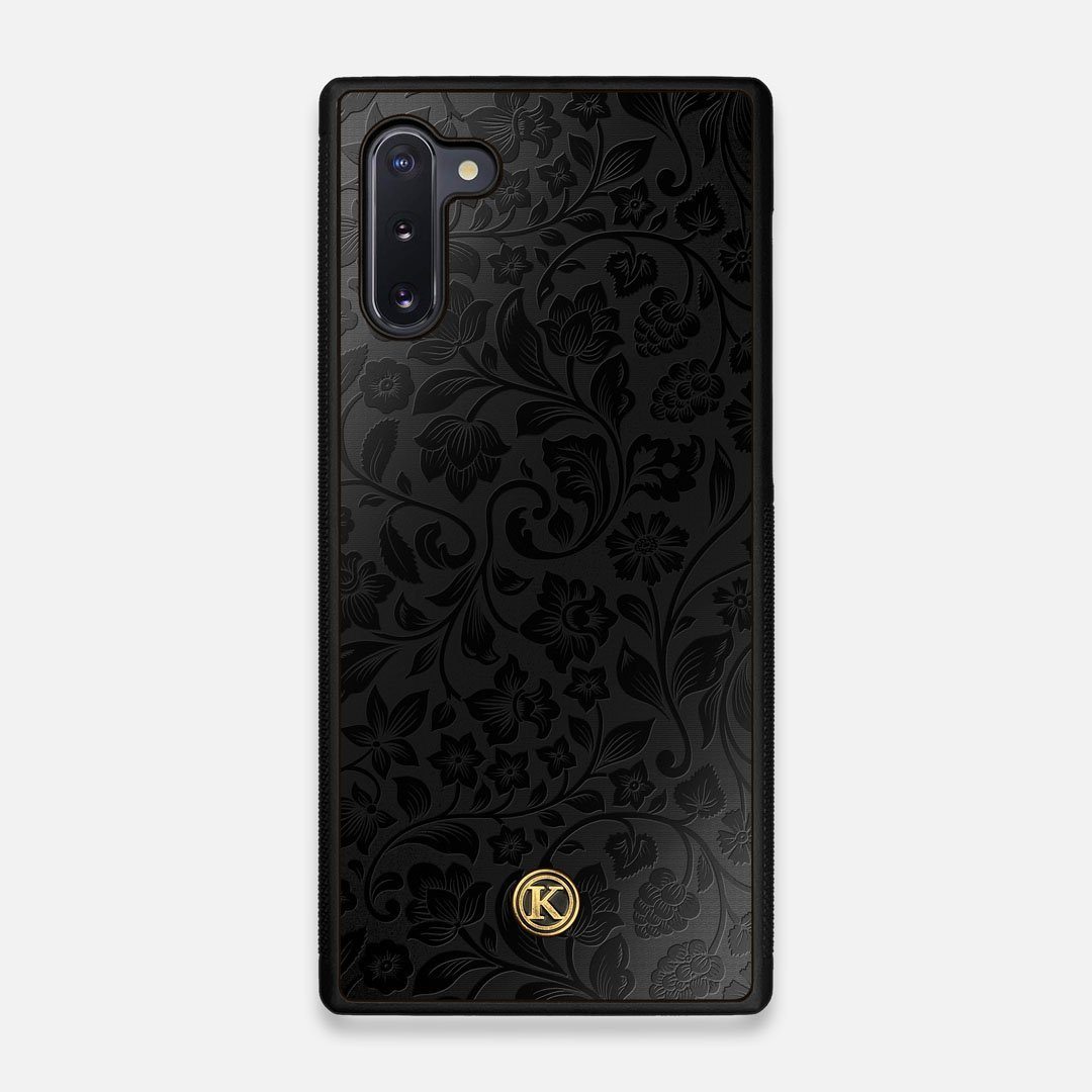 Front view of the highly detailed midnight floral engraving on matte black impact acrylic Galaxy Note 10 Case by Keyway Designs