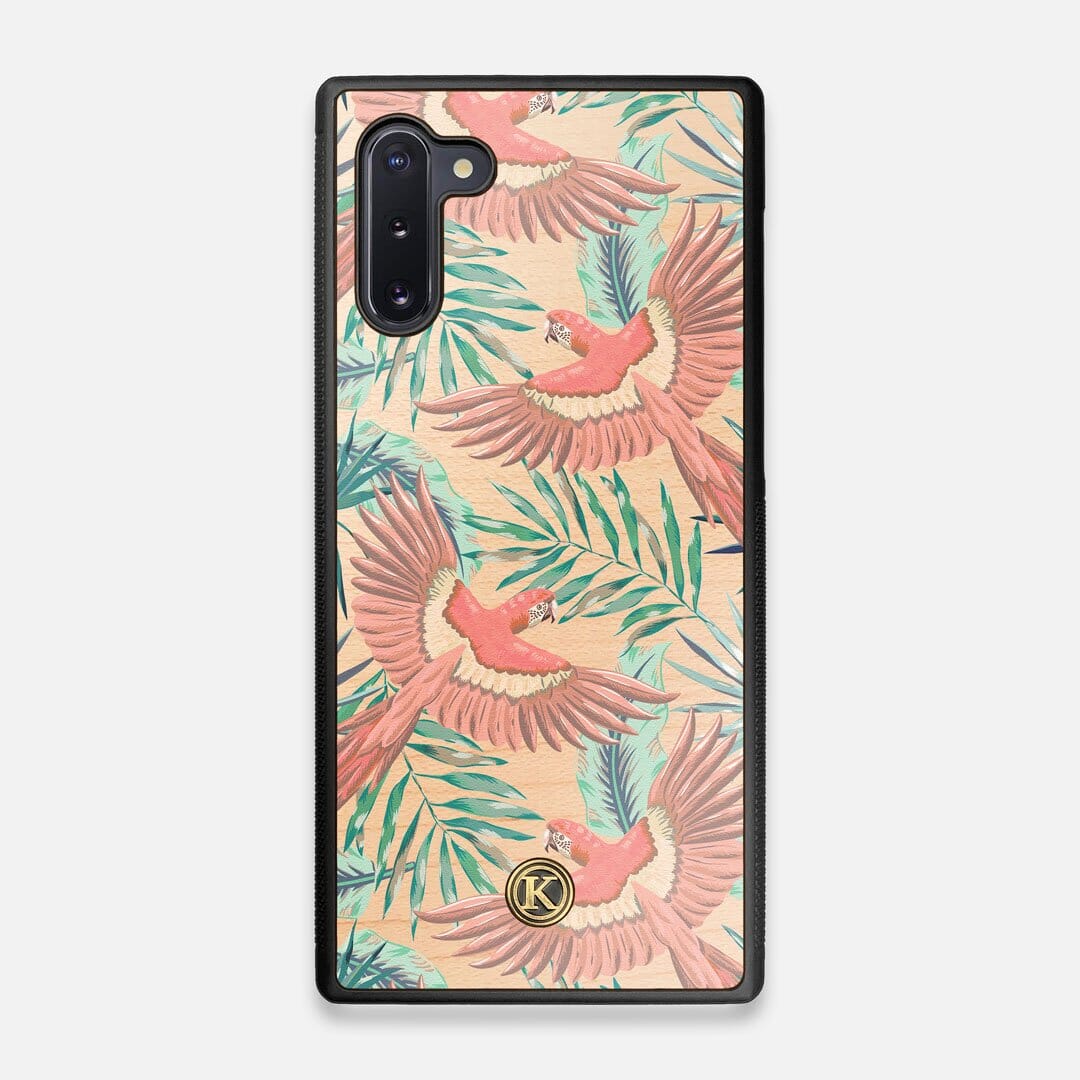 Front view of the Paradise Macaw and Tropical Leaf printed Maple Wood Galaxy Note 10 Case by Keyway Designs