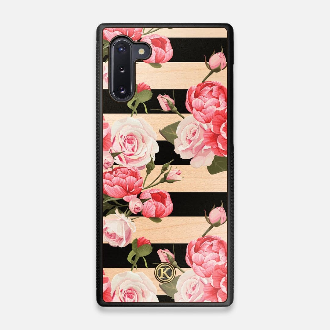 Front view of the artsy print of stripes with peonys and roses on Maple wood Galaxy Note 10 Case by Keyway Designs