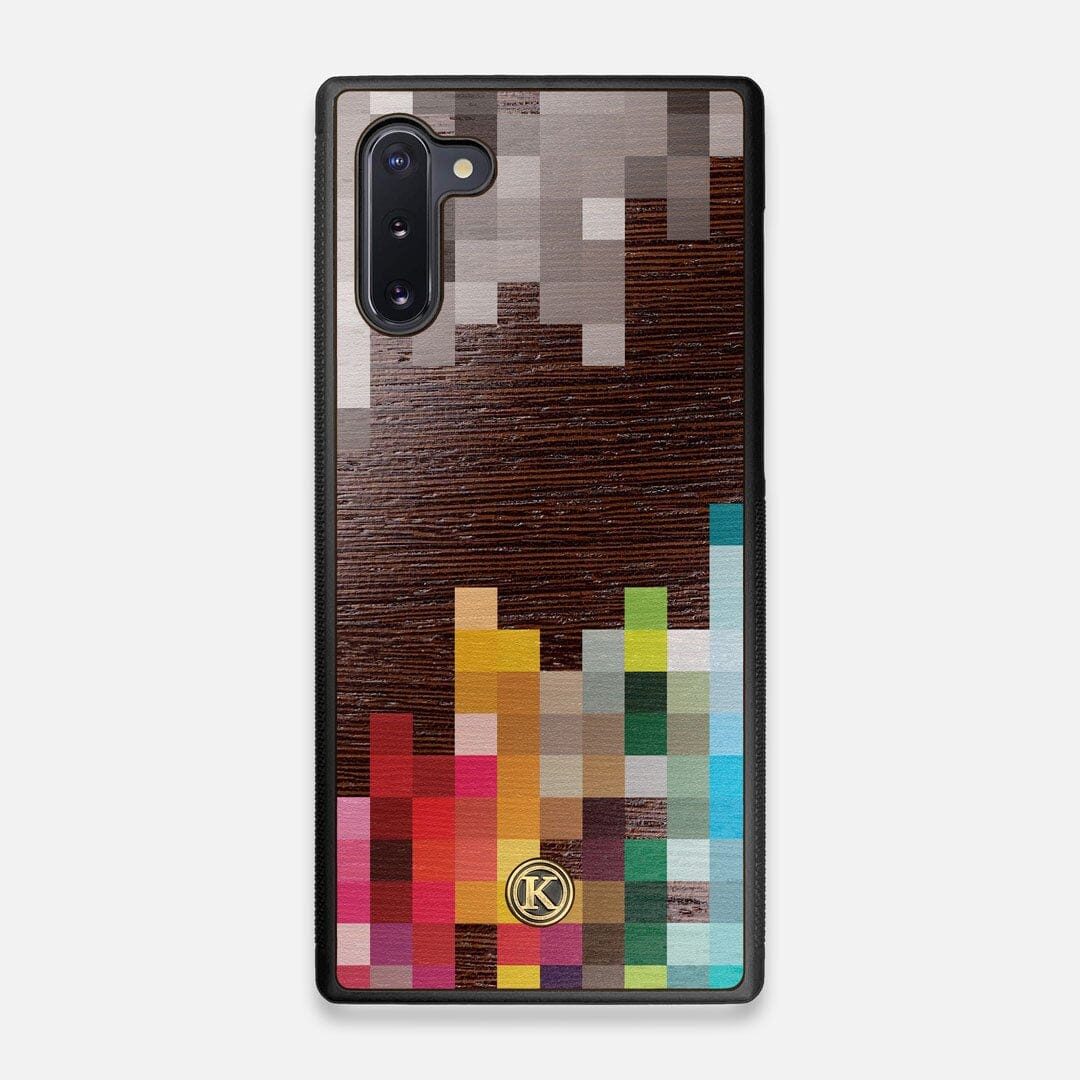 Front view of the digital art inspired pixelation design on Wenge wood Galaxy Note 10 Case by Keyway Designs