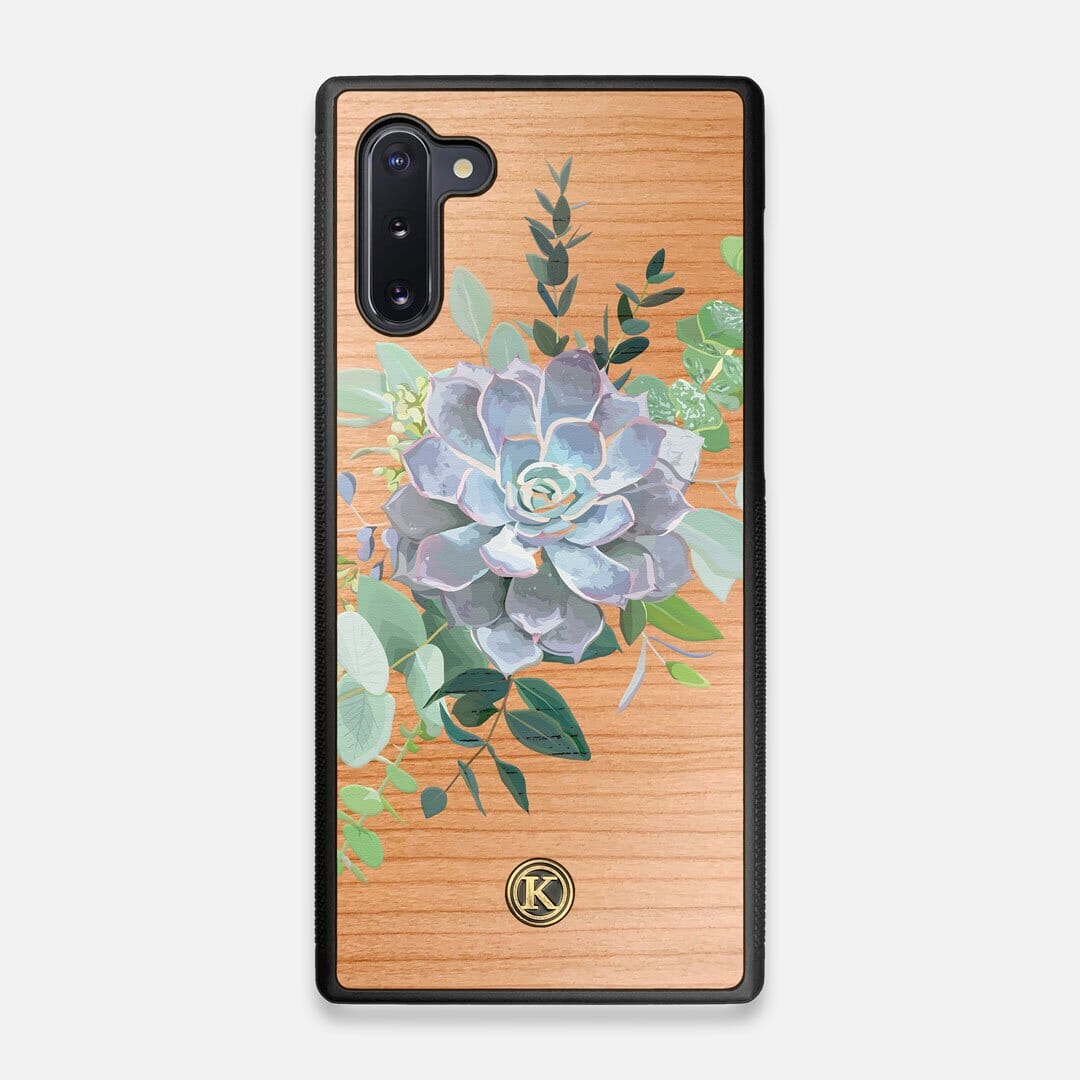 Front view of the print centering around a succulent, Echeveria Pollux on Cherry wood Galaxy Note 10 Case by Keyway Designs