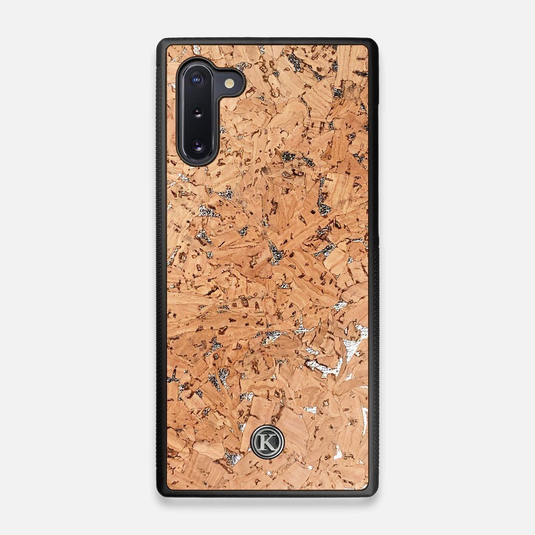 Front view of the silver fleck natural cork Galaxy Note 10 Case by Keyway Designs