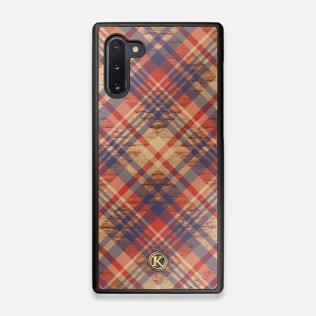 Front view of the Tartan print of beige, blue, and red on Walnut wood Galaxy Note 10 Case by Keyway Designs