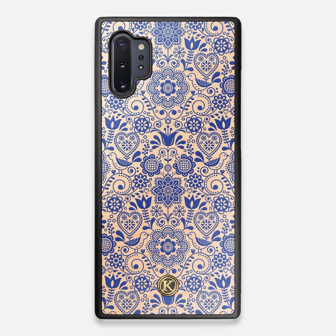 Front view of the blue floral pattern on maple wood Galaxy Note 10 Plus Case by Keyway Designs