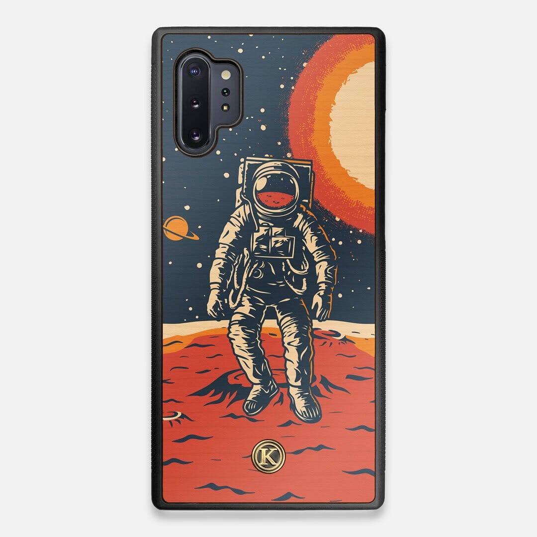 Front view of the stylized astronaut space-walk print on Cherry wood Galaxy Note 10 Plus Case by Keyway Designs
