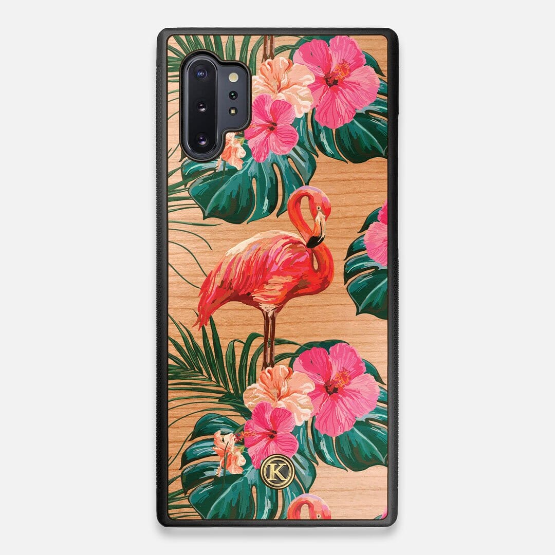 Front view of the Flamingo & Floral printed Cherry Wood Galaxy Note 10 Plus Case by Keyway Designs
