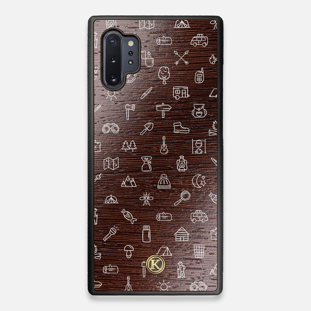 Front view of the fun detailed camping icon print on Wenge wood Galaxy Note 10 Plus Case by Keyway Designs