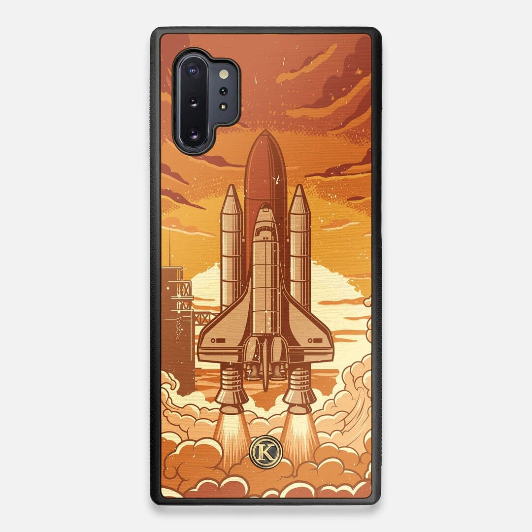Front view of the vibrant stylized space shuttle launch print on Wenge wood Galaxy Note 10 Plus Case by Keyway Designs