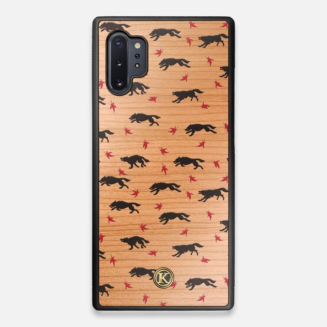 Front view of the unique pattern of wolves and Maple leaves printed on Cherry wood Galaxy Note 10 Plus Case by Keyway Designs