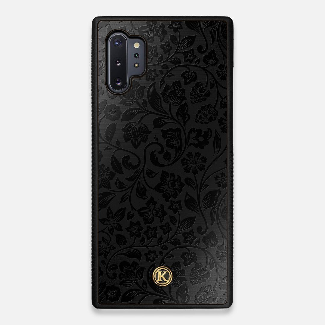 Front view of the highly detailed midnight floral engraving on matte black impact acrylic Galaxy Note 10 Plus Case by Keyway Designs
