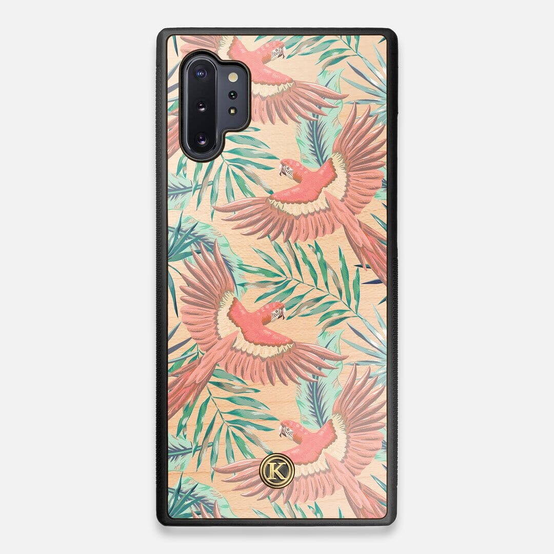 Front view of the Paradise Macaw and Tropical Leaf printed Maple Wood Galaxy Note 10 Plus Case by Keyway Designs