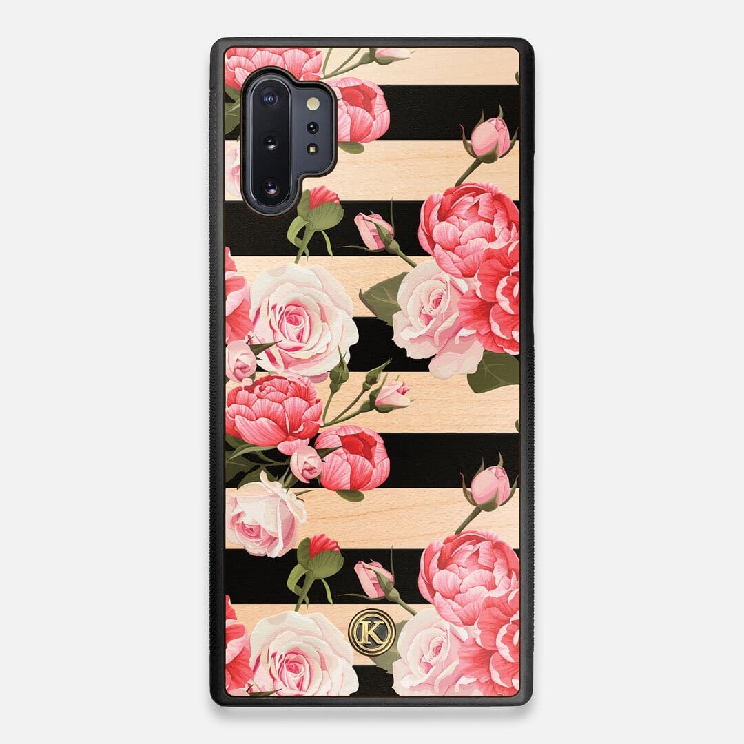 Front view of the artsy print of stripes with peonys and roses on Maple wood Galaxy Note 10 Plus Case by Keyway Designs