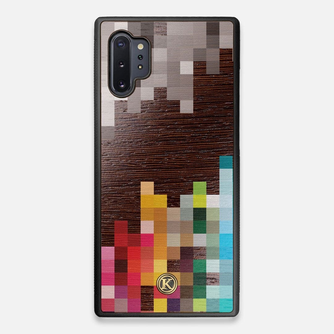 Front view of the digital art inspired pixelation design on Wenge wood Galaxy Note 10 Plus Case by Keyway Designs