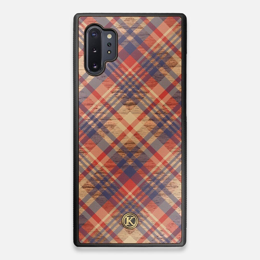 Front view of the Tartan print of beige, blue, and red on Walnut wood Galaxy Note 10 Plus Case by Keyway Designs