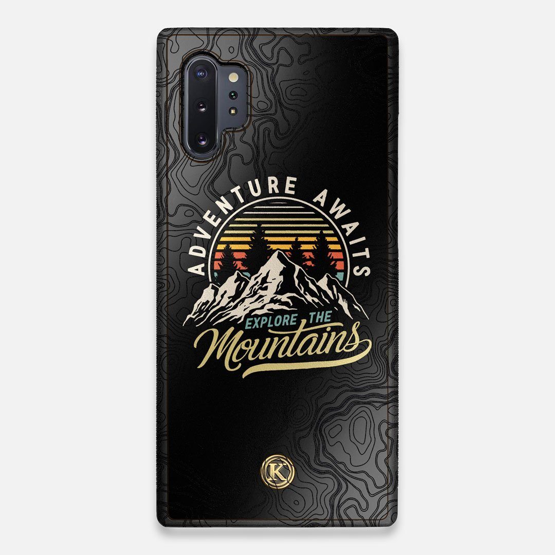 Front view of the crisp topographical map with Explorer badge printed on matte black impact acrylic Galaxy Note 10 Plus Case by Keyway Designs