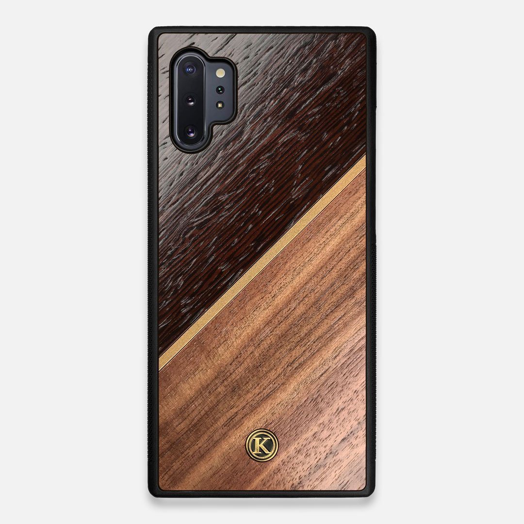 Front view of the Alium Walnut, Gold, and Wenge Elegant Wood Galaxy Note 10 Plus Case by Keyway Designs