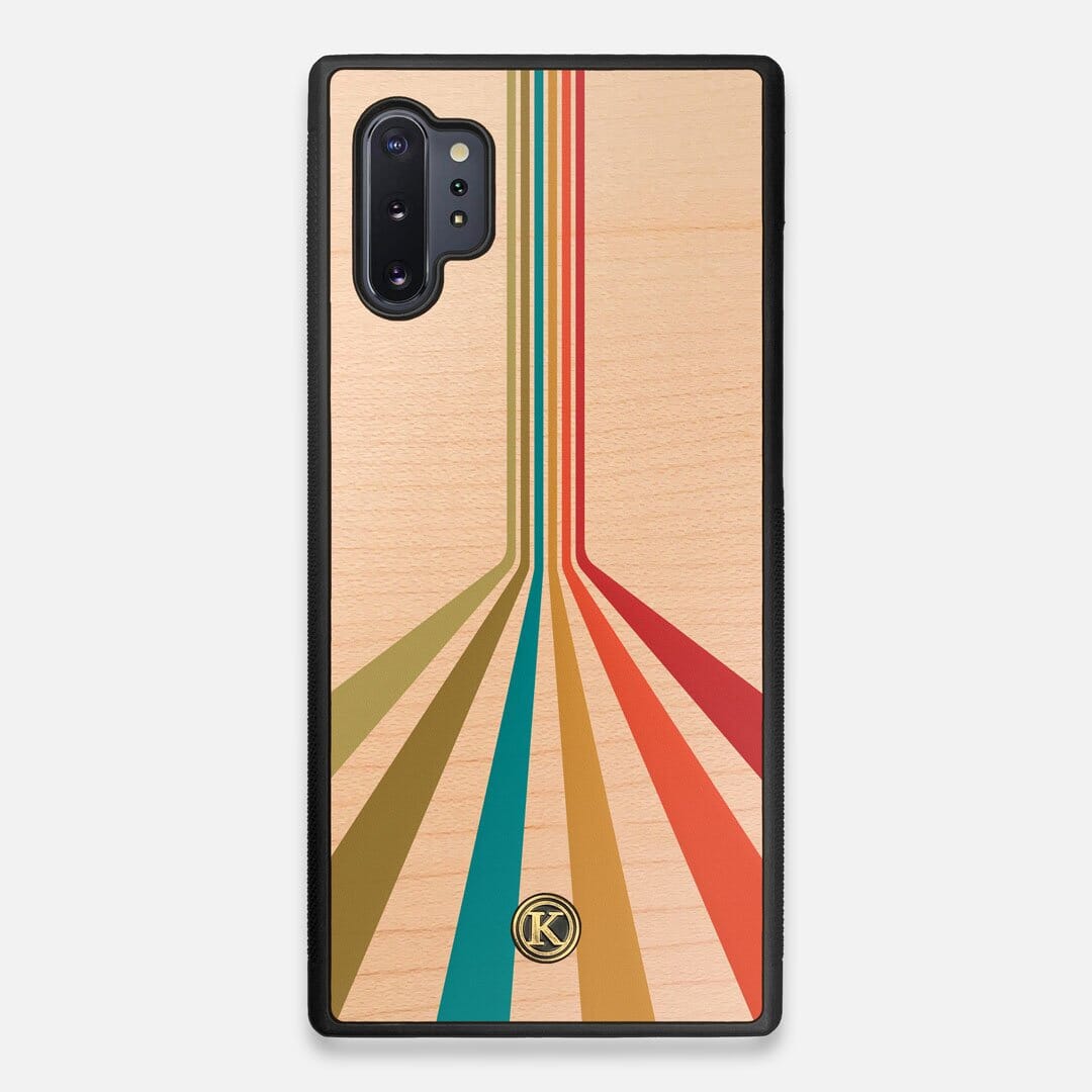Front view of the array of colour beams splitting across the case printed on Maple wood Galaxy Note 10 Plus Case by Keyway Designs
