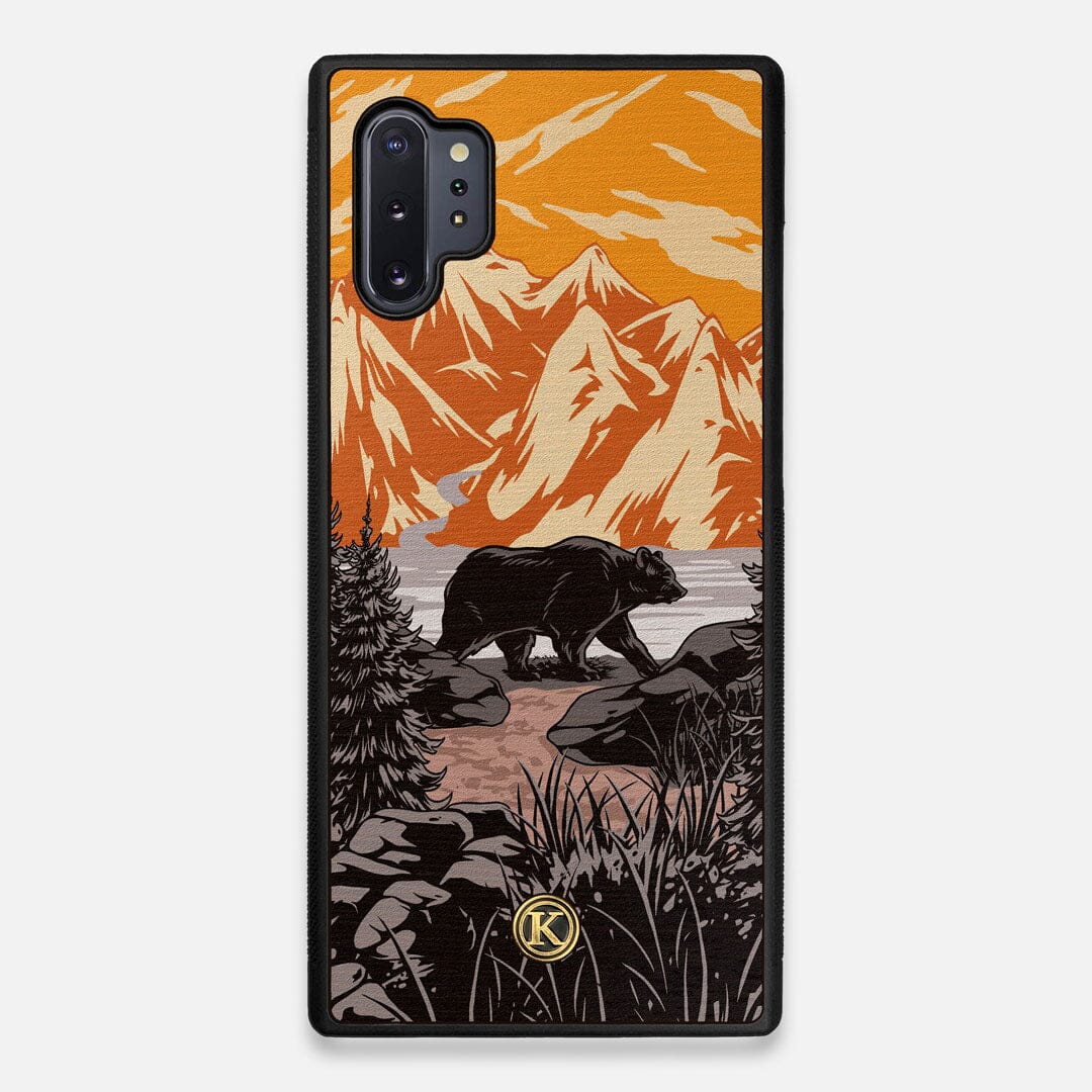 Front view of the stylized Kodiak bear in the mountains print on Wenge wood Galaxy Note 10 Plus Case by Keyway Designs