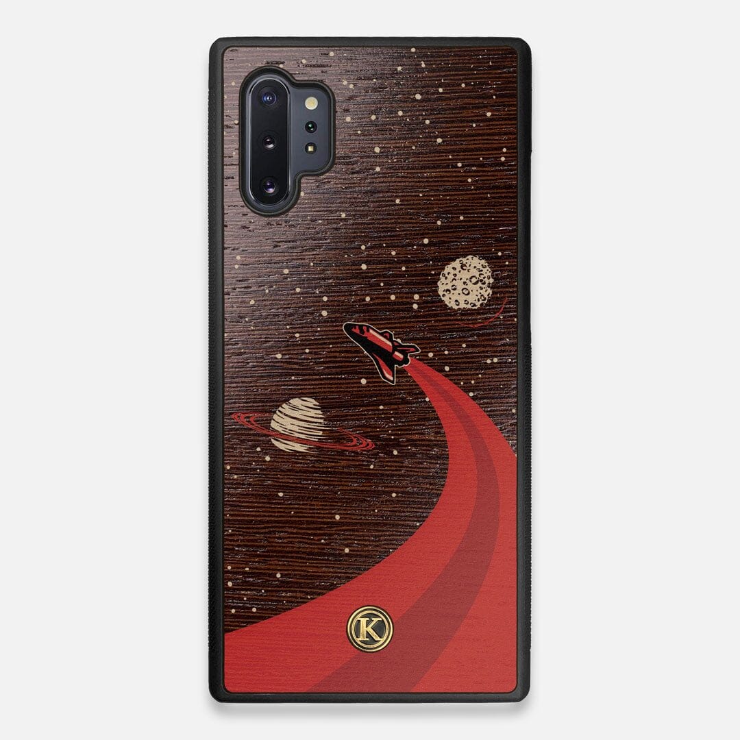 Front view of the stylized space shuttle boosting to saturn printed on Wenge wood Galaxy Note 10 Plus Case by Keyway Designs