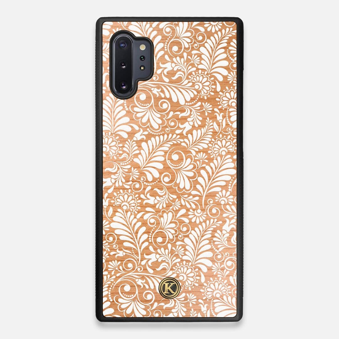 Front view of the white ink flowing botanical print on Cherry wood Galaxy Note 10 Plus Case by Keyway Designs