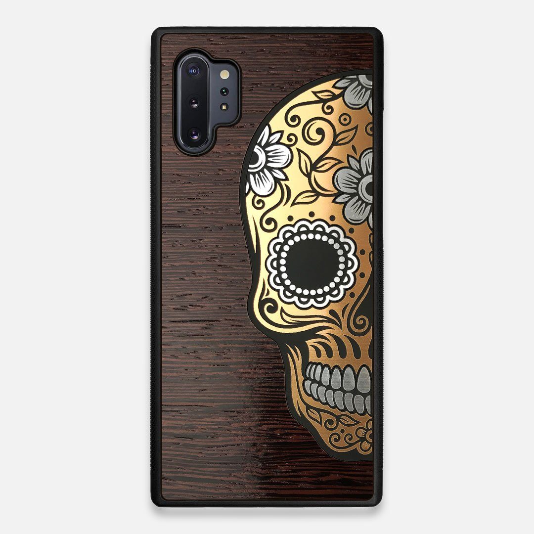 Front view of the Calavera Wood Sugar Skull Wood Galaxy Note 10 Plus Case by Keyway Designs