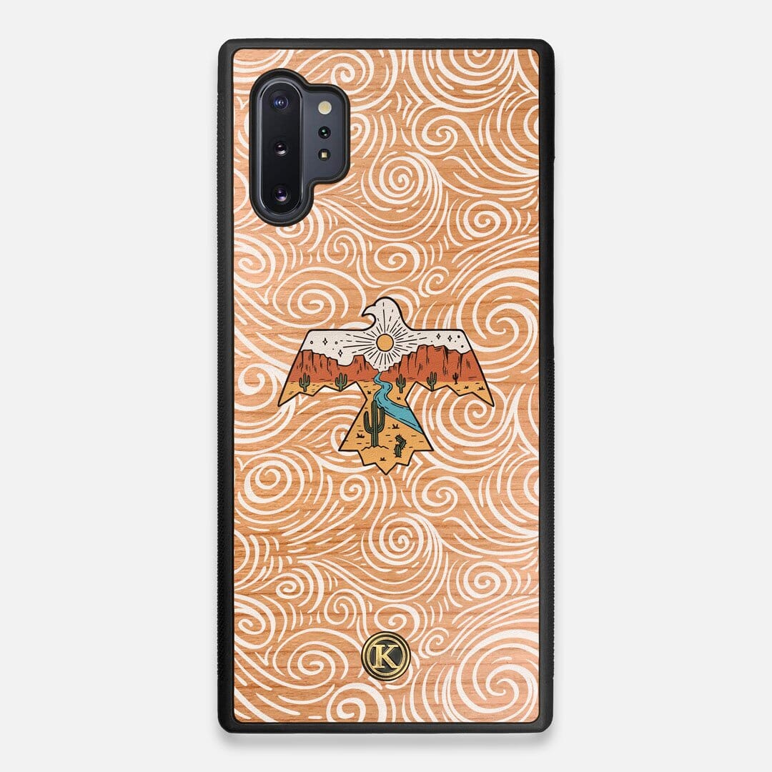 Front view of the double-exposure style eagle over flowing gusts of wind printed on Cherry wood Galaxy Note 10 Plus Case by Keyway Designs
