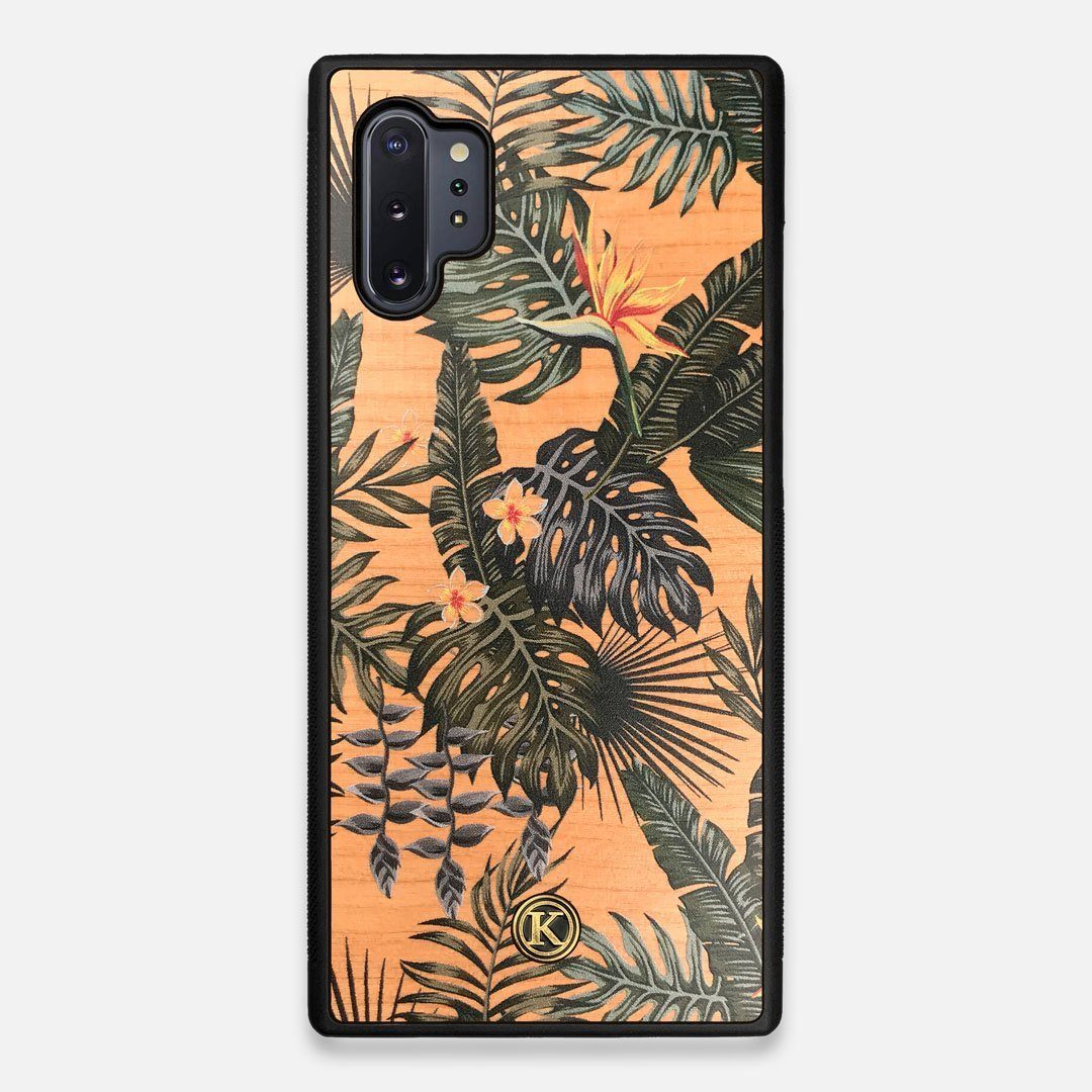 Front view of the Floral tropical leaf printed Cherry Wood Galaxy Note 10 Plus Case by Keyway Designs
