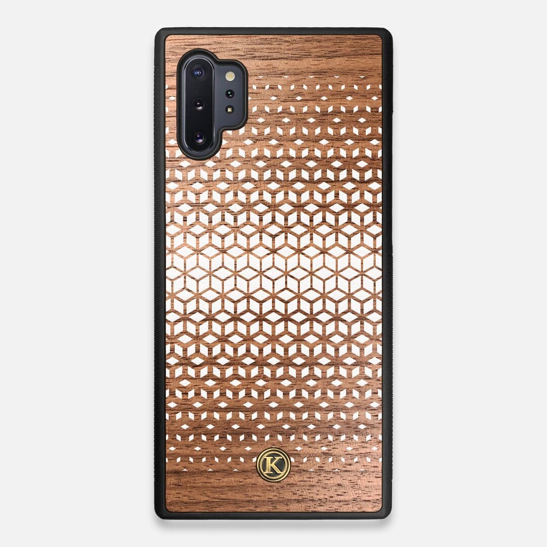 Front view of the white ink geometric gradient printed on Walnut wood Galaxy Note 10 Plus Case by Keyway Designs