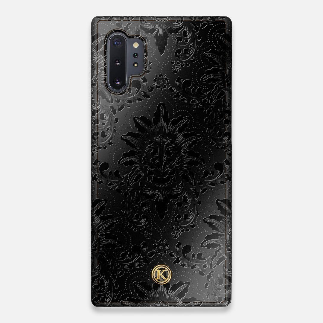 Front view of the detailed gloss Damask pattern printed on matte black impact acrylic Galaxy Note 10 Plus Case by Keyway Designs