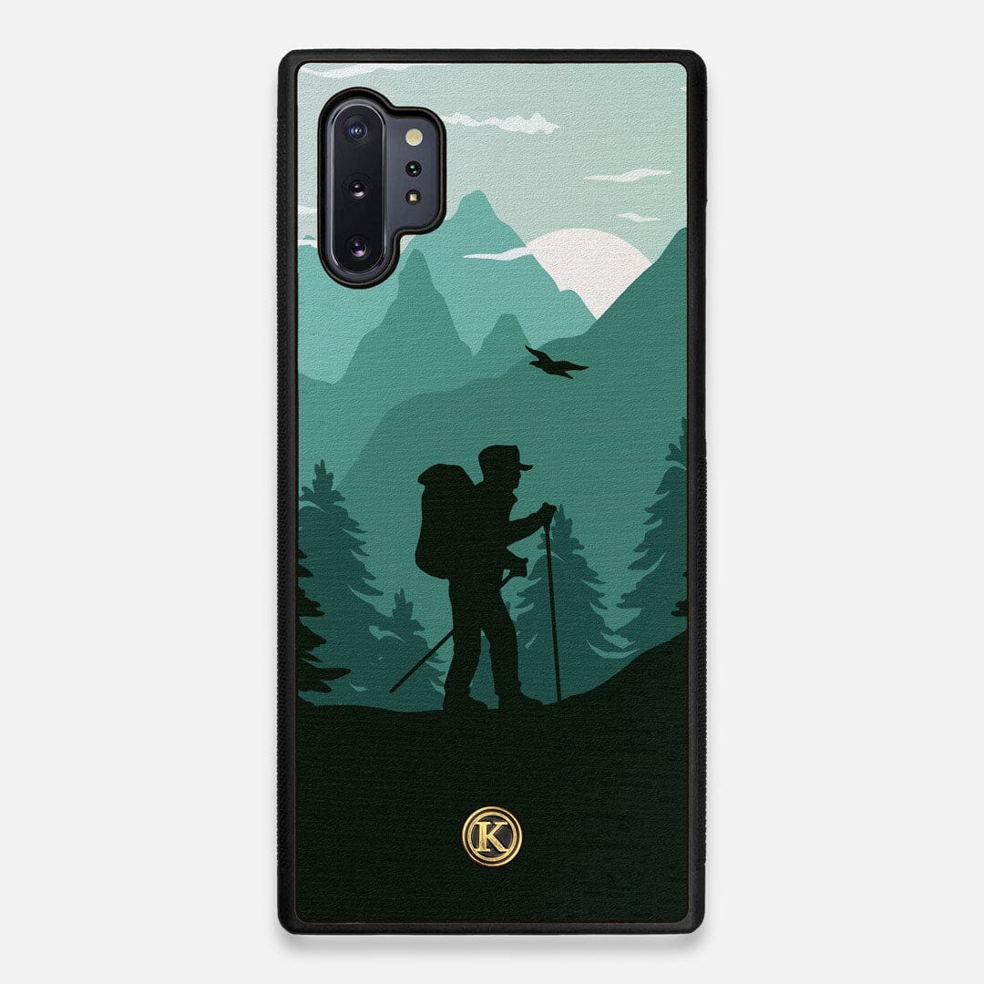Front view of the stylized mountain hiker print on Wenge wood Galaxy Note 10 Plus Case by Keyway Designs