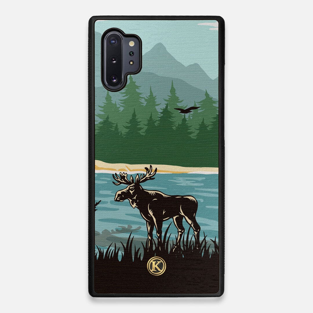 Front view of the stylized bull moose forest print on Wenge wood Galaxy Note 10 Plus Case by Keyway Designs