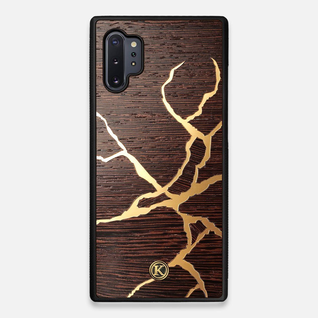 Front view of the Kintsugi inspired Gold and Wenge Wood Galaxy Note 10 Plus Case by Keyway Designs