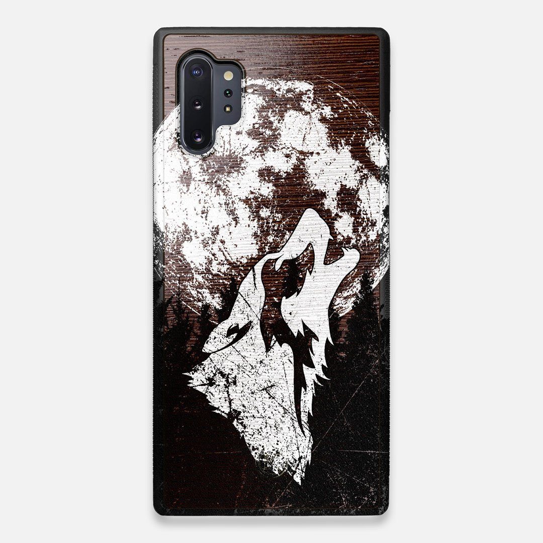 Front view of the high-contrast howling wolf on a full moon printed on a Wenge Wood Galaxy Note 10 Plus Case by Keyway Designs